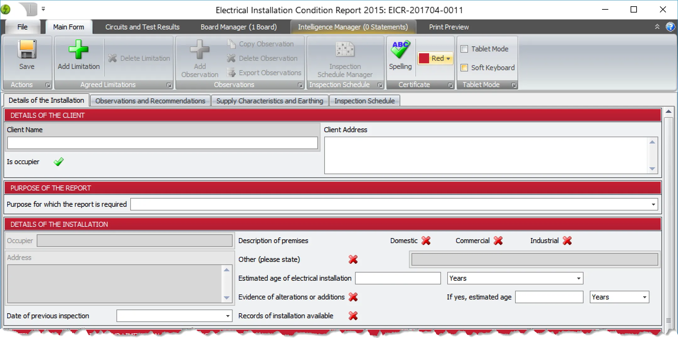 Shine Forms EICR screen in desktop mode