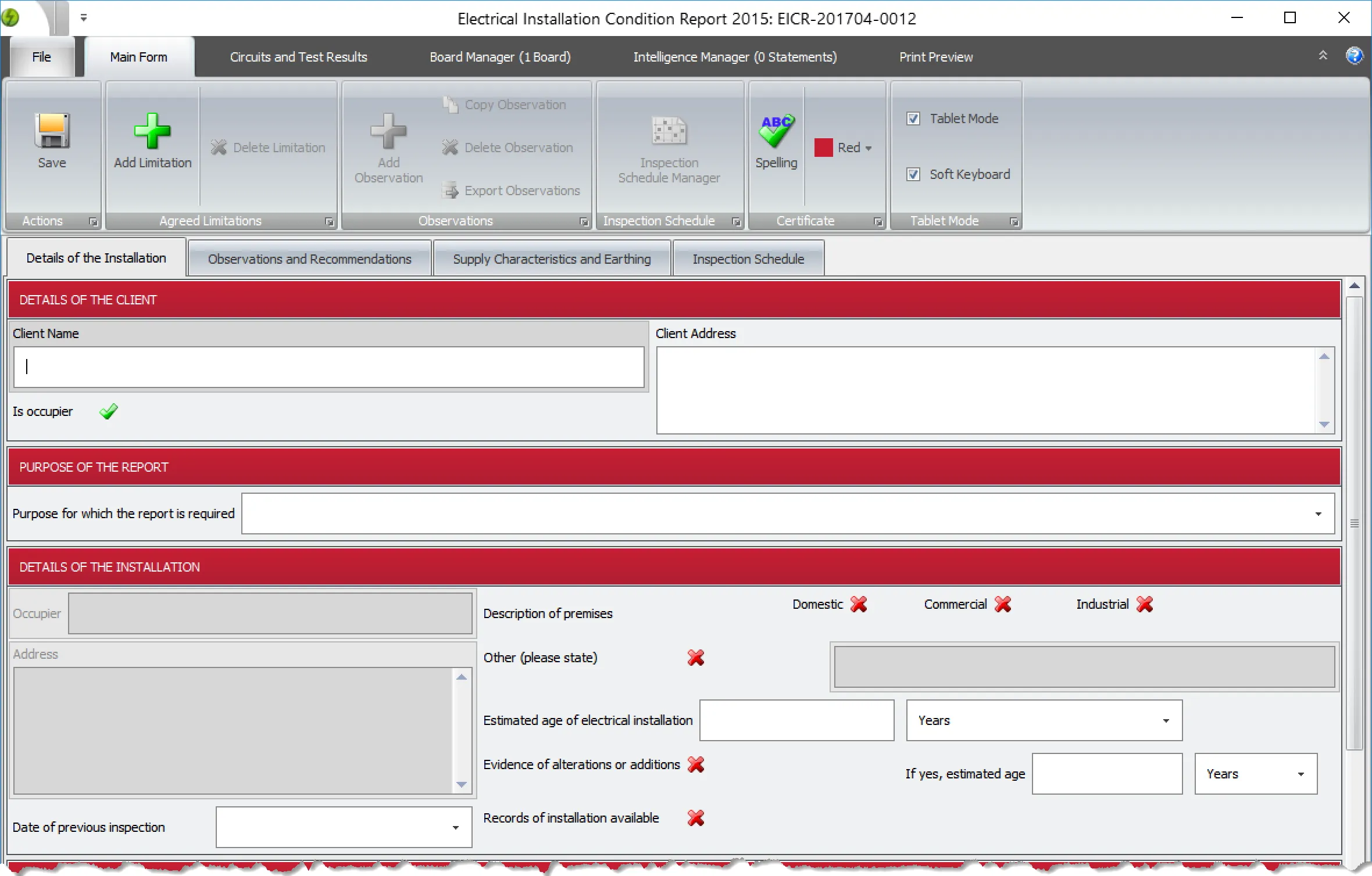 Pirform EICR screen in tablet mode