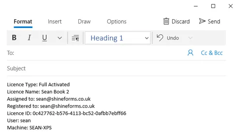 Example email containing copied licence details from Shine Forms