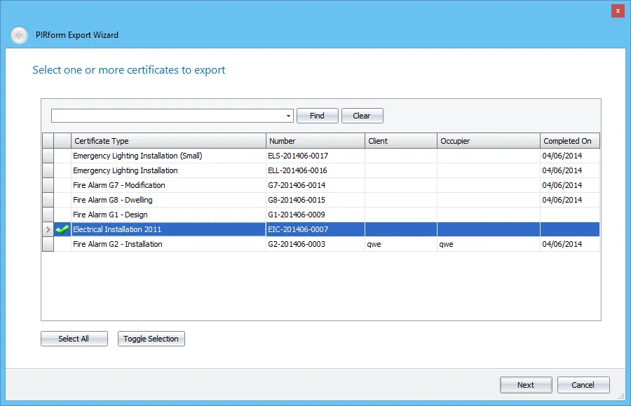 Screenshot of selecting certificates in the Shine Forms Export Wizard