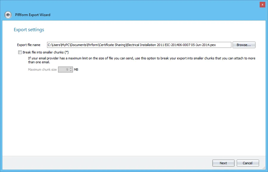 Screenshot of the export file naming and destination configuration step