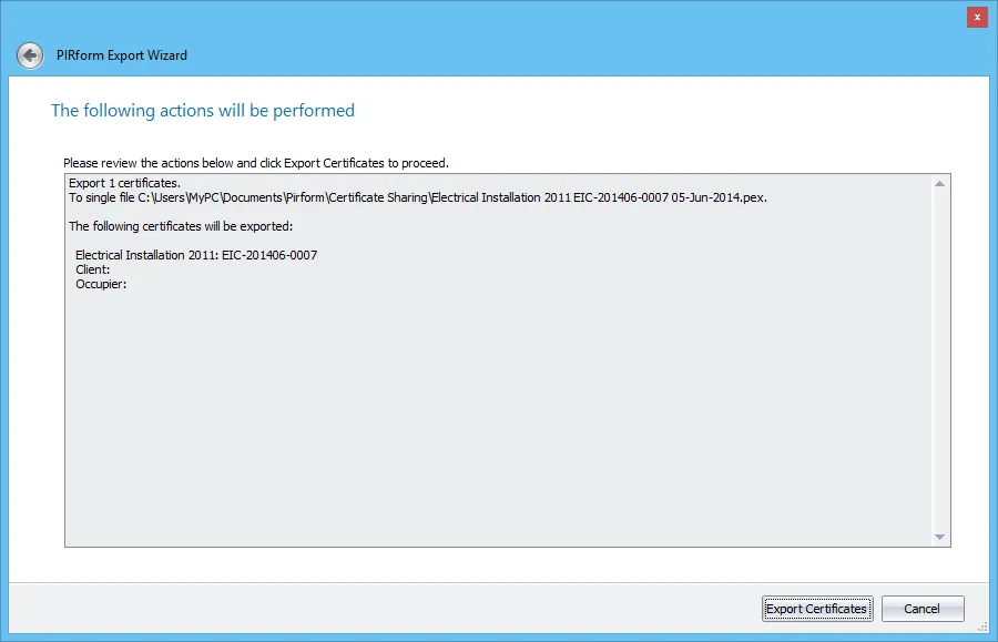Screenshot of the review actions screen in the Shine Forms Export Wizard