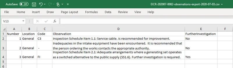 CSV file preview in Excel showing exported observation details with fields like observation and location