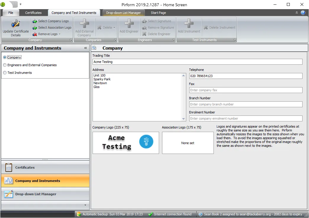 Shine Forms home screen showing the company and instruments tab open
