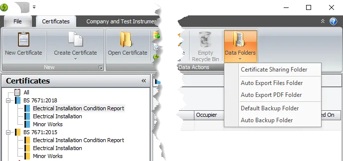 Screenshot of the Pirform home screen highlighting the data folders option in the ribbon