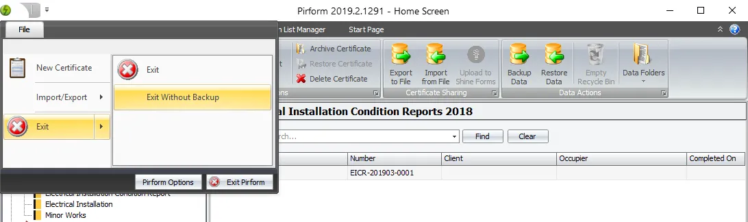 Shine Forms home screen with exit without backup option highlighted