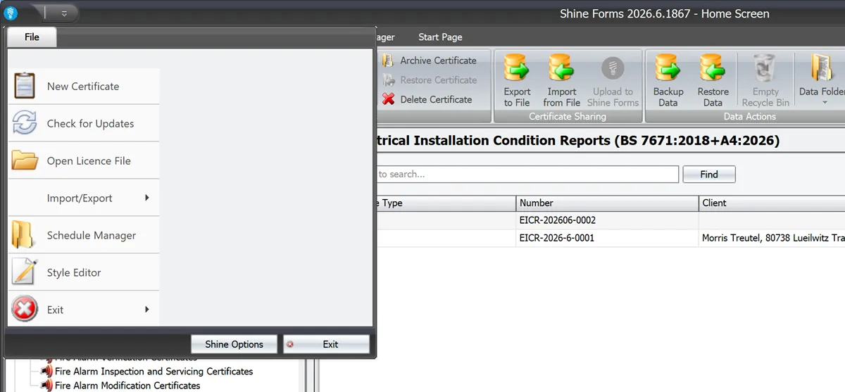 The File menu on the Home Screen, showing Style Editor and Schedule Manager