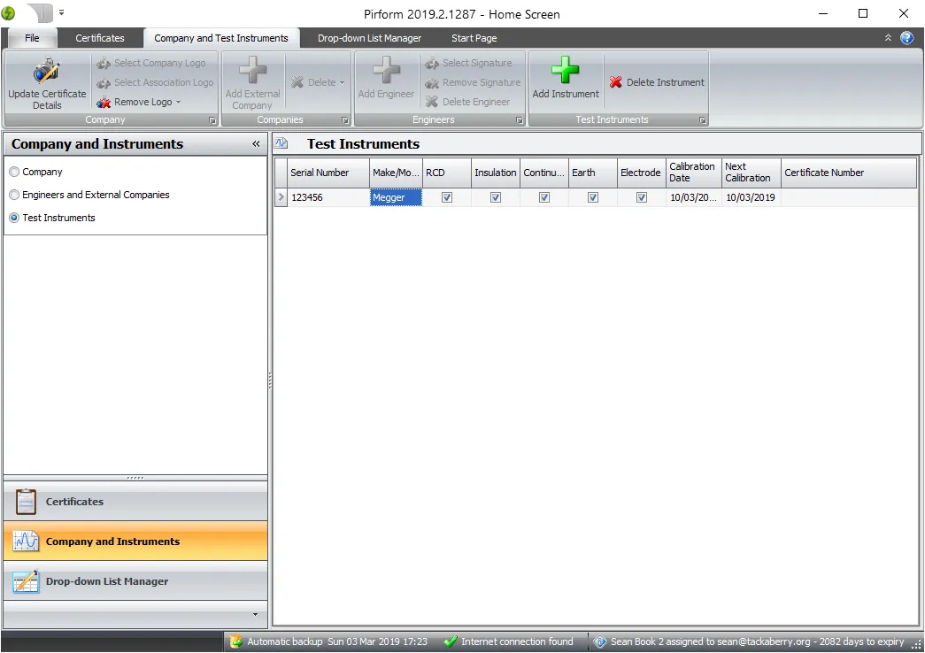 Pirform home screen showing the test instruments configuration area