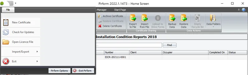 Screenshot of the home screen main menu showing the Open Licence File option