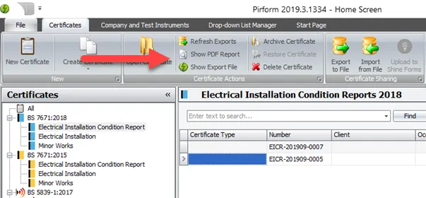 Screenshot of the Home Screen showing refreshed export options available