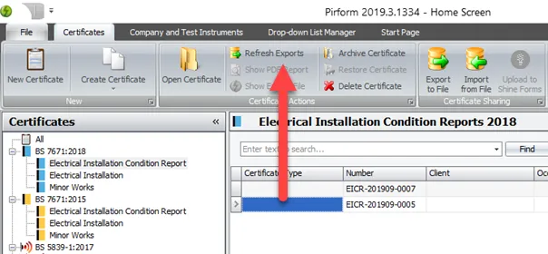 Screenshot of the Home Screen showing disabled export options before refresh