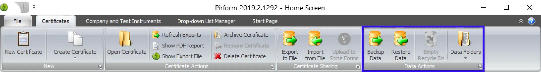 Home Screen of Pirform with Restore Certificate Data option highlighted in the ribbon menu.