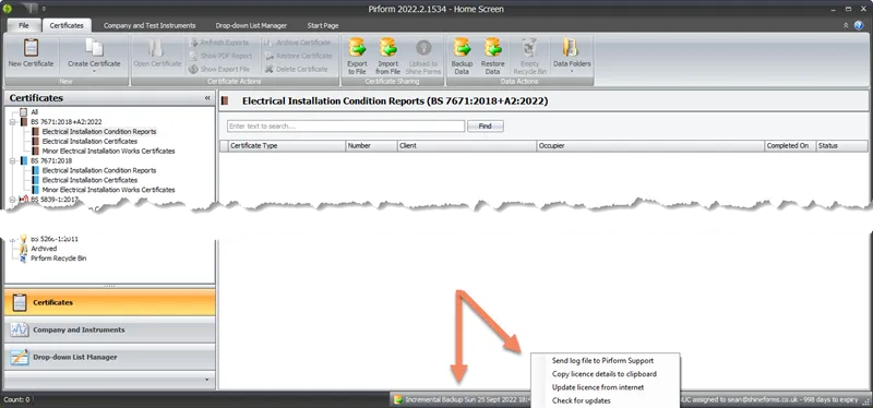 Home screen status bar menu showing the option to send log file to Shine Forms Support