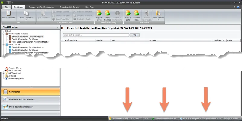 Image showing the status bar at the bottom of the home screen with licence details