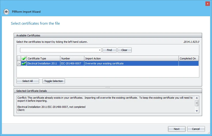 Screenshot of the certificate selection step in Shine Forms Import Wizard