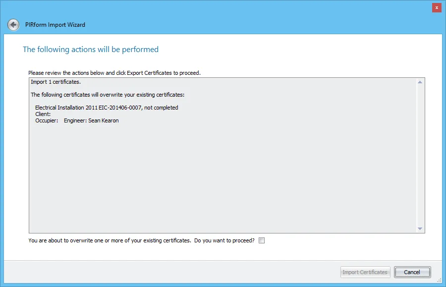 Screenshot of the review certificates screen in Shine Forms Import Wizard