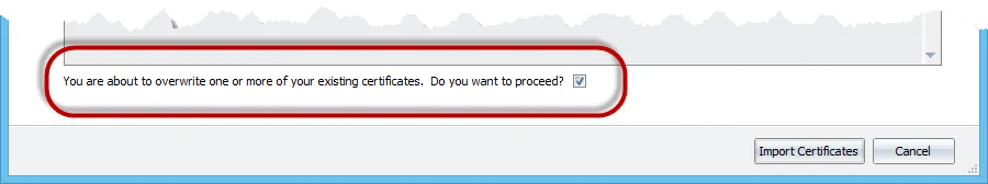 Screenshot of the certificate import confirmation screen