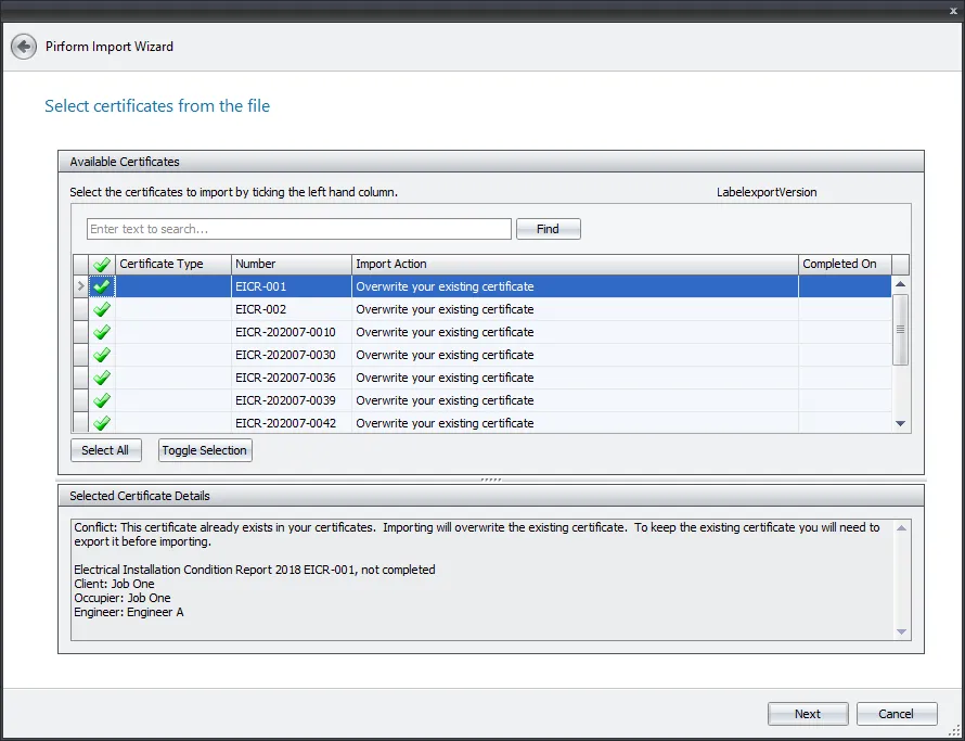 Screenshot of the certificate list screen found in selected folder