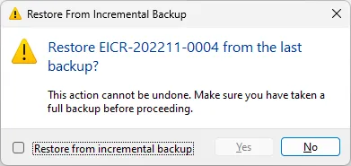 Confirm incremental restore in Pirform