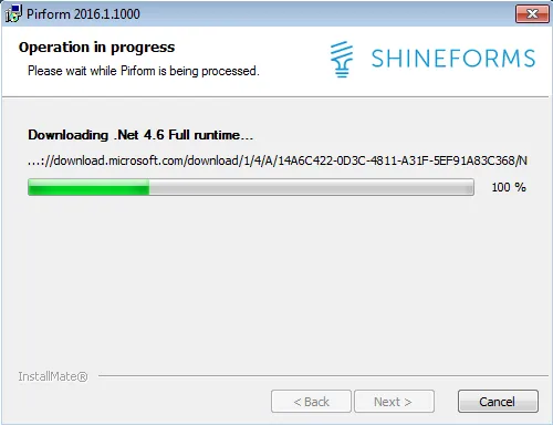 Screenshot showing Pirform installer downloading Windows components