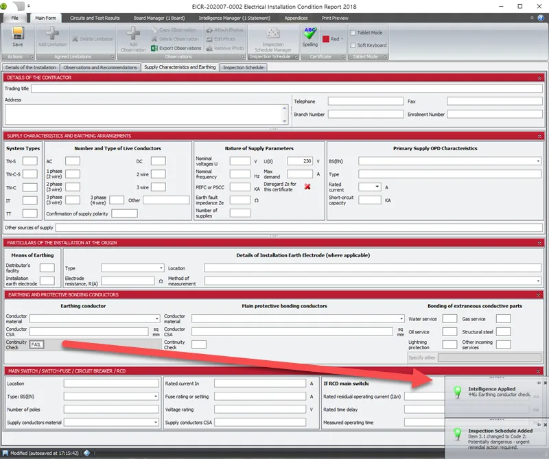 Earthing conductor marked as FAIL, showing affected values