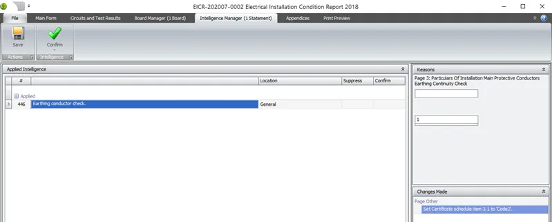 Intelligence Manager displaying intelligence changes triggered by earthing conductor FAIL