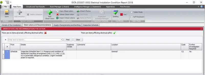 Observation generated for earthing conductor marked as FAIL