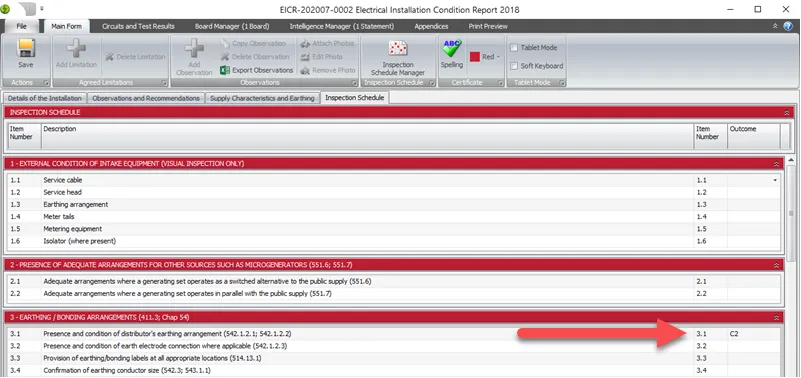 Schedule item set to C2 due to earthing conductor marked as FAIL