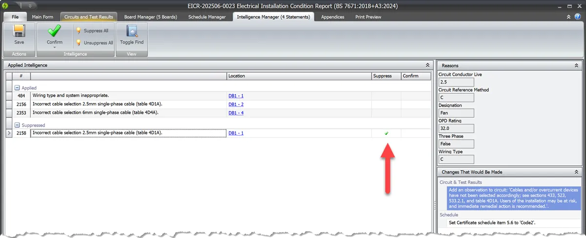 Intelligence Manager showing suppressed statement for section 1 marked as C1