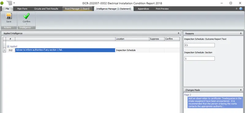 Screenshot of the Intelligence Manager with section 1 C1 changes listed