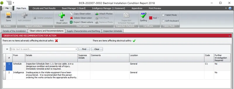 Observation list showing section 1 marked as C1 and its effects