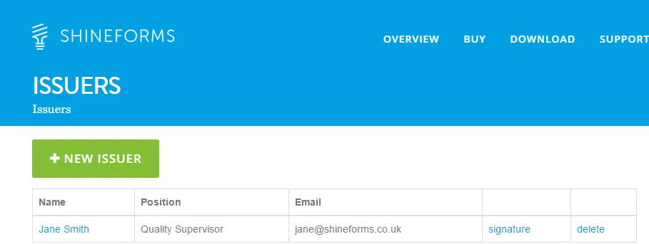 A screenshot showing a list of issuers, including their names, positions, emails, and signatures.
