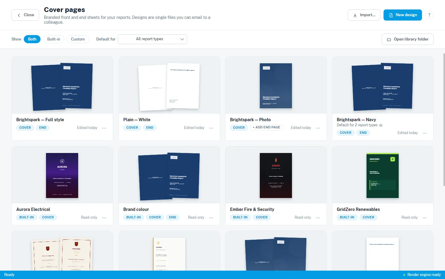 The design library, showing built-in and custom designs