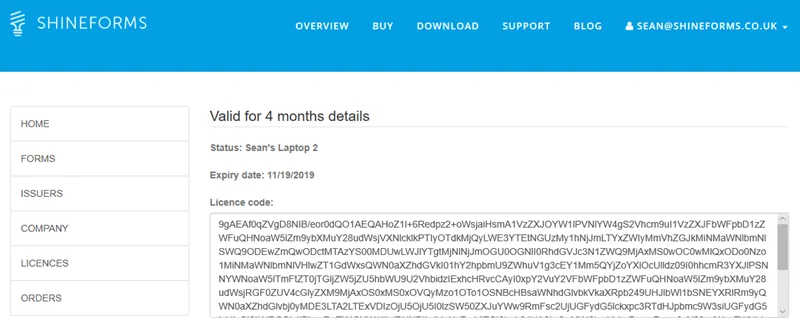 Screen displaying licence codes with options to view and copy them directly