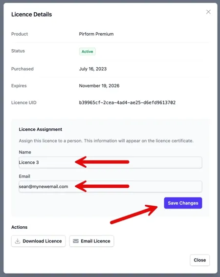 The licence email confirm dialog