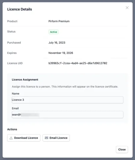 The licence dialog shown after clicking manage