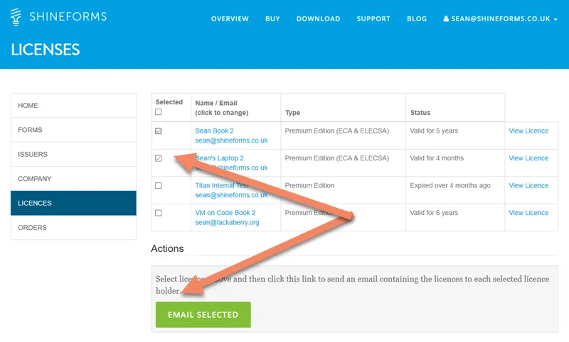Screen for selecting licences and sending them by email using the Email Selected button