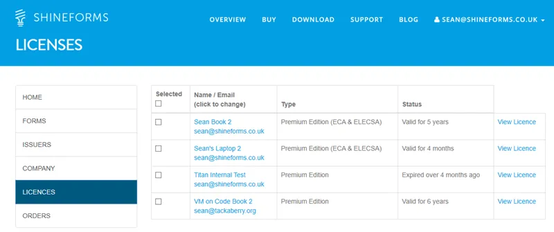Table showing a list of existing licences stored in the Shine Forms account