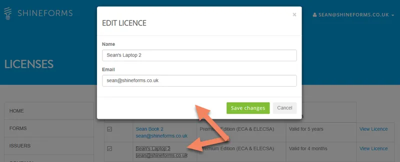 Interface to update licence name and email fields with Save Changes button