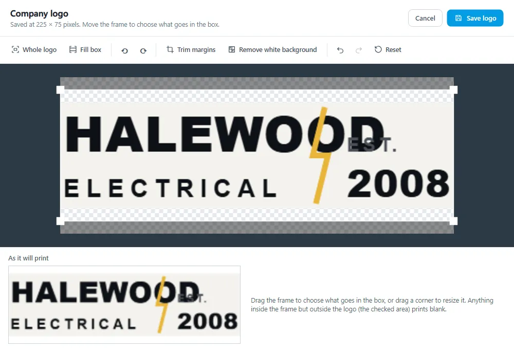The company logo after Trim margins, with the lettering filling its space