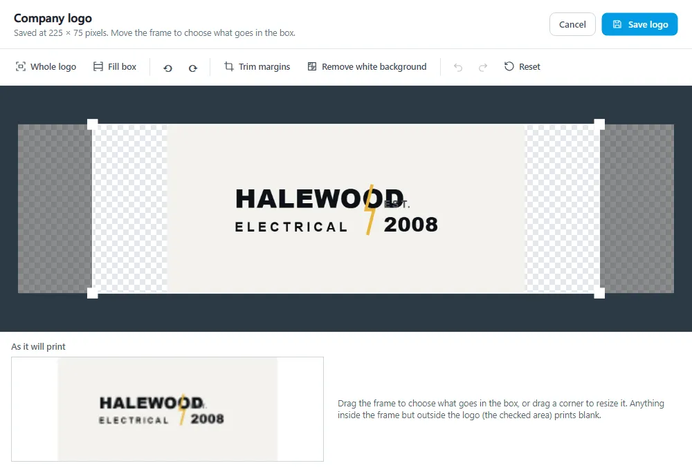 The logo editor showing a company logo with the frame around the whole logo, and the logo as it will print below