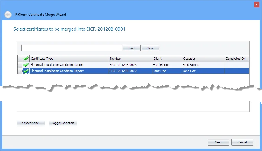 Screenshot of the Shine Forms Merge Certificate Wizard showing the step to select source certificates