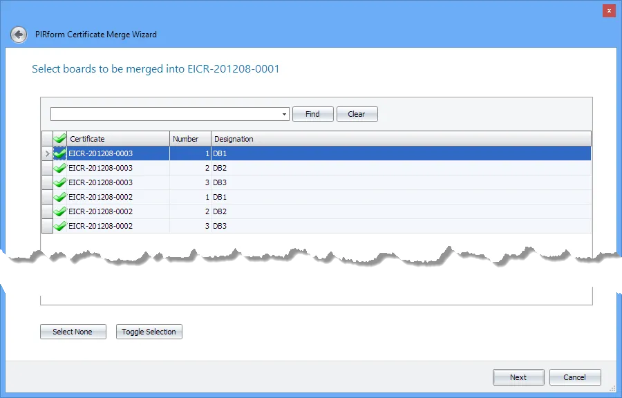 Screenshot of the Shine Forms Merge Certificate Wizard showing the step to select boards from the source certificates