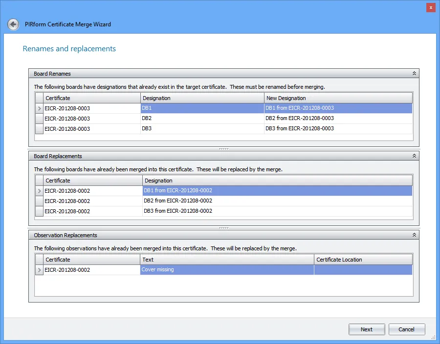 Screenshot showing the renames and replacement step in the Shine Forms Certificate Merge Wizard with board designations