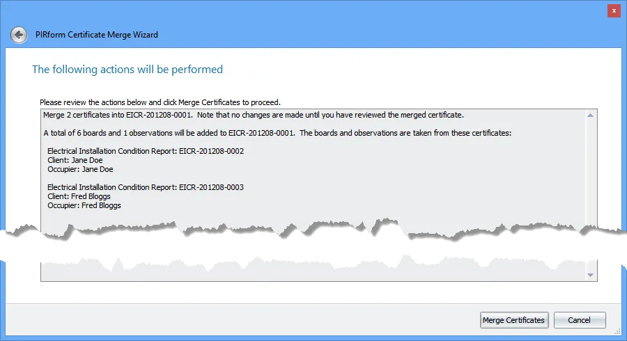 Screenshot of the final review step in the Shine Forms Merge Certificate Wizard showing a summary of the changes