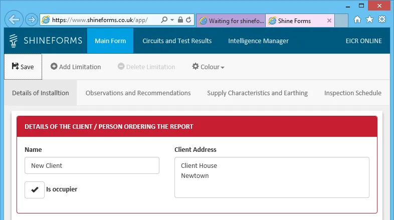 Screenshot depicting a new form opened in a separate page