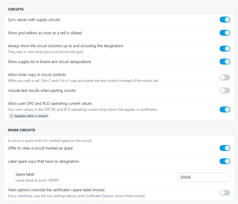 Screenshot highlighting the circuit paste options in Shine Forms Settings