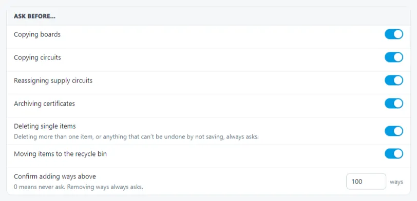 Screenshot showing Confirm copying circuits on the Confirmations page of Shine Forms Options