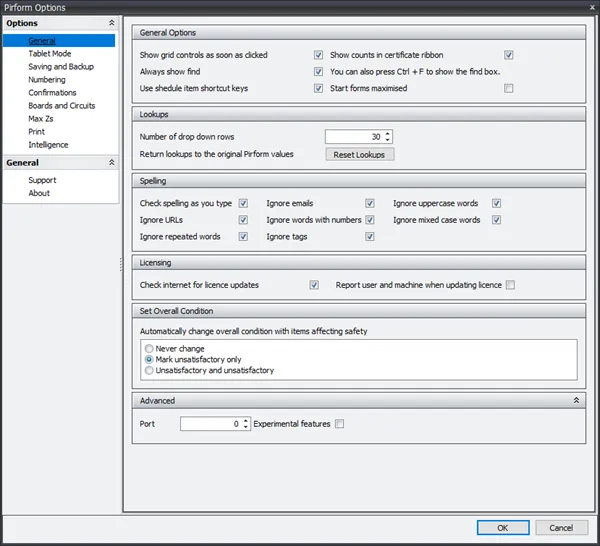 Screenshot of the Shine Forms Options dialog with settings available for configuration