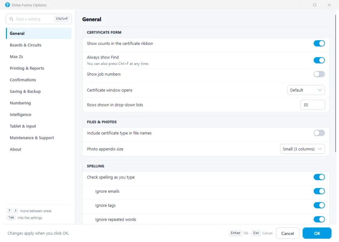 Screenshot of the Shine Forms Options dialog with settings available for configuration